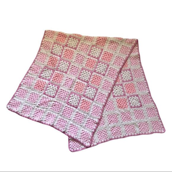Vintage crochet granny square pink throw blanket